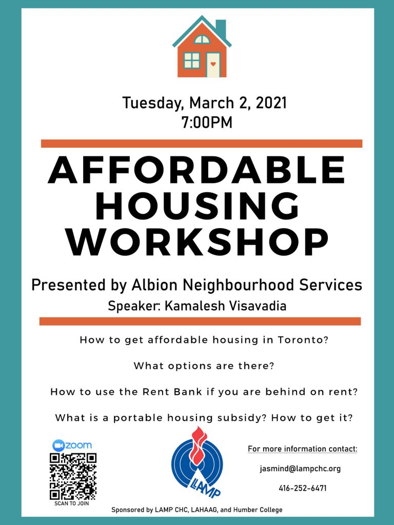 A flyer for the Affordable Housing Workshop presented by Albion Neighbourhood Services.