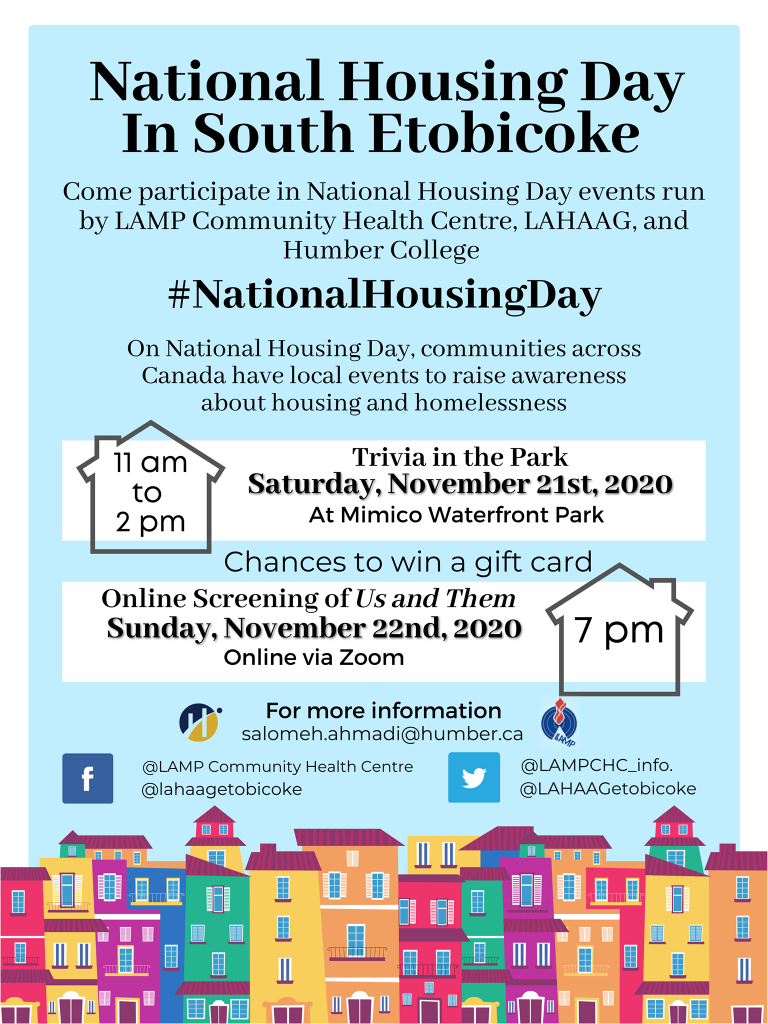 A flyer detailing local events for National Housing Day - November 21 and 22, 2020