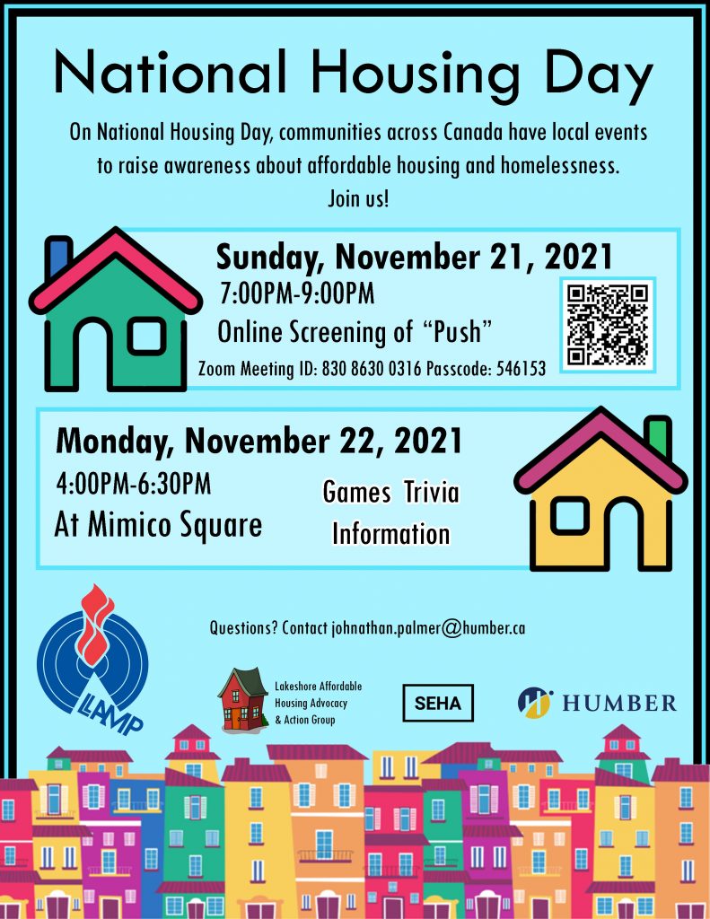 A flyer detailing local events for National Housing Day - November 21 and 22, 2021